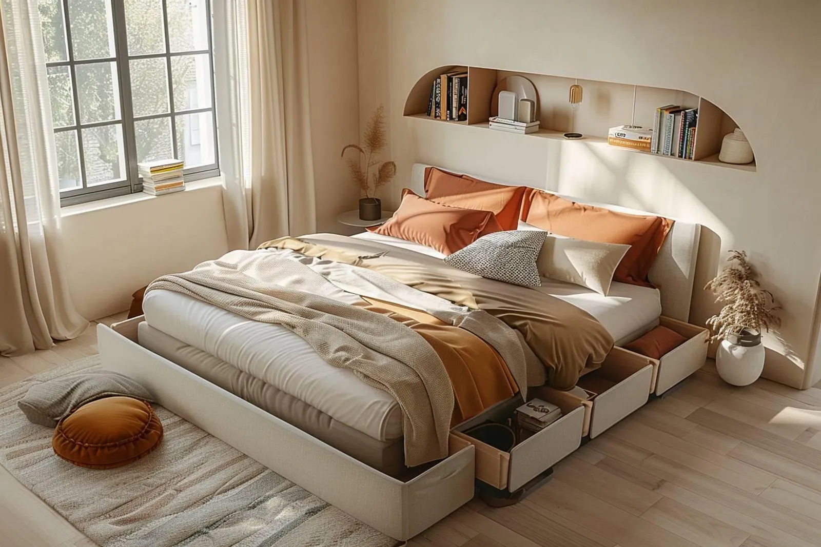 Un lit avec rangement intégré dans une chambre moderne, avec le coffre ouvert et un rangement organisé visible.