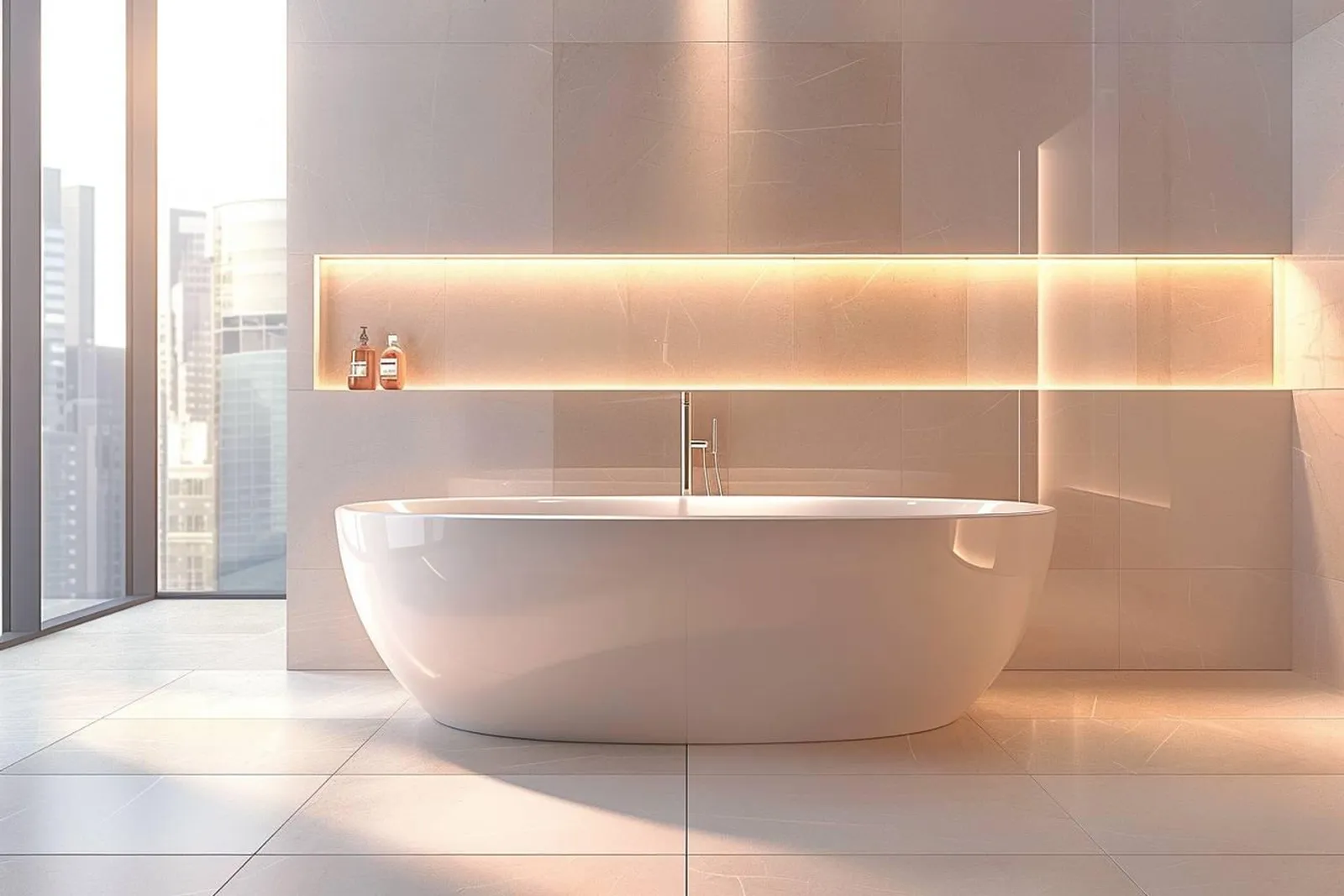 Une salle de bain rénovée avec un mur habillé de fibre de verre peinte, dans une lumière naturelle douce.
