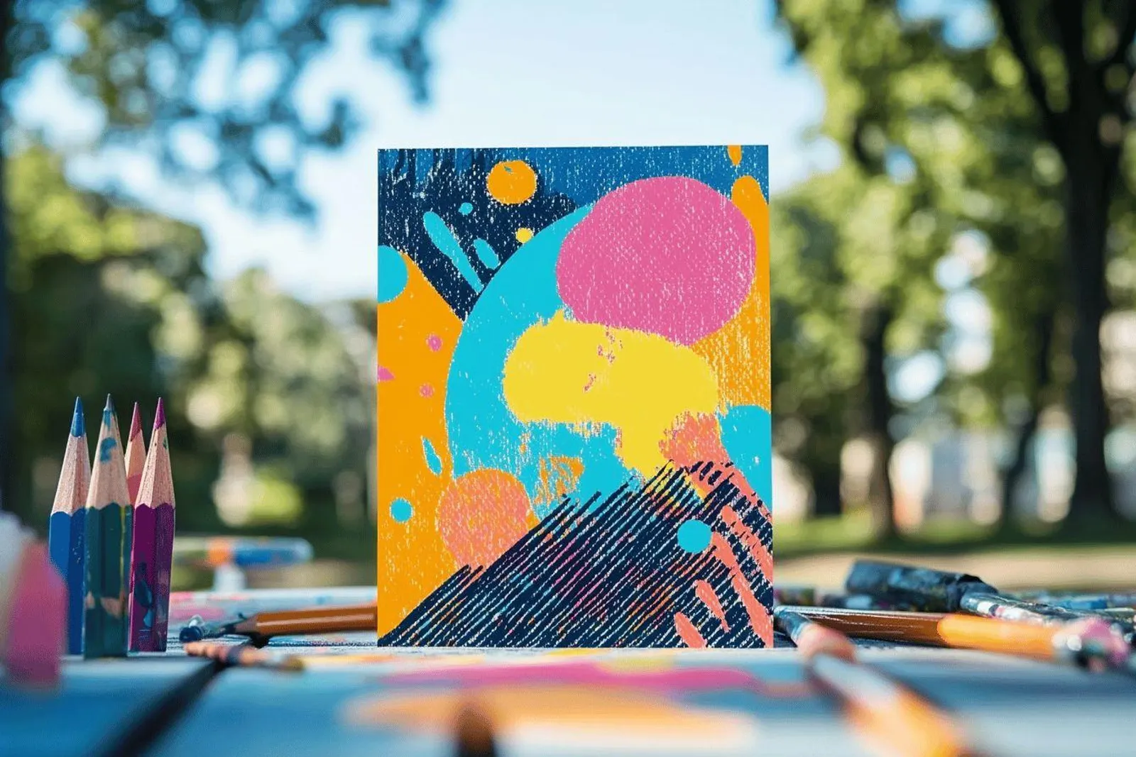 Une maquette de flyer culturel est relue dans un studio créatif, avec des affiches, des nuanciers et un ordinateur en arrière-plan.