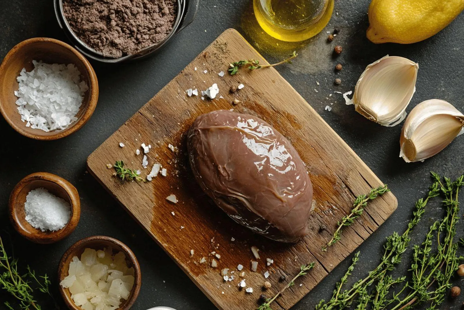 Un foie gras maison tranché près d’un Thermomix sur un plan de travail de cuisine, prêt à être servi.