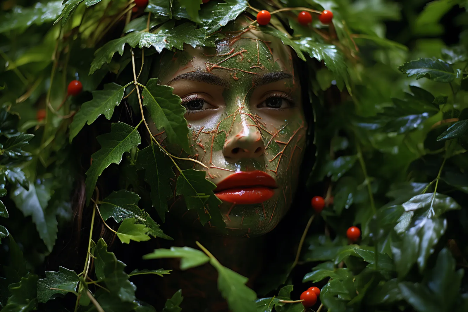 Une routine de soin du visage naturelle avec des flacons sobres, une crème et des plantes disposés sur un plan de toilette lumineux.