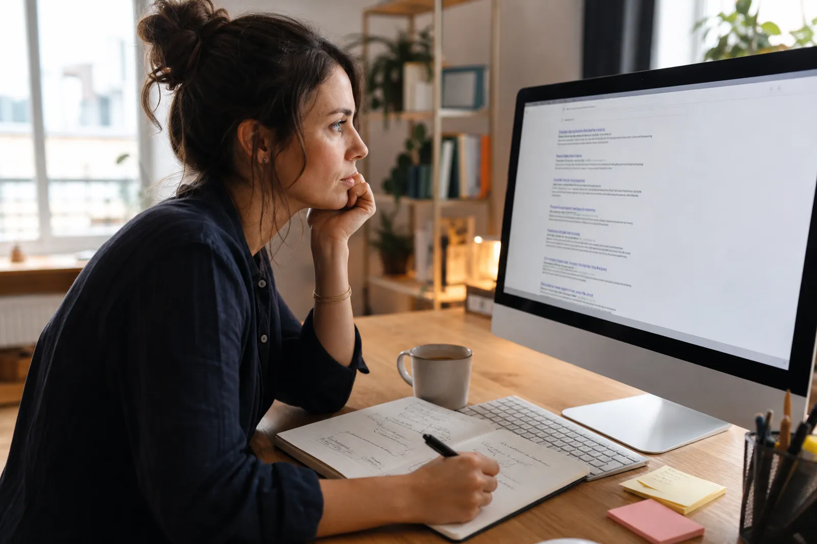Une rédactrice web analyse une page de résultats de recherche sur son écran, entourée de notes sur les intentions des internautes.