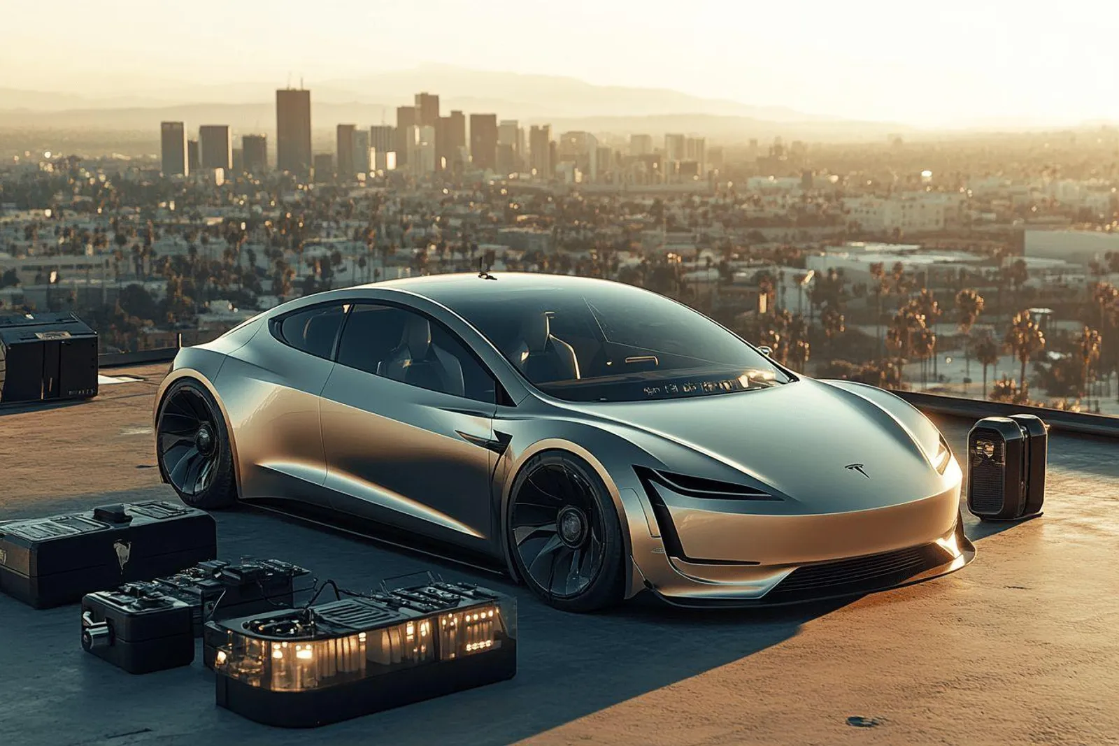 Un propriétaire range des accessoires adaptés dans le coffre et l’habitacle d’une Tesla moderne, dans une scène réaliste et lumineuse.