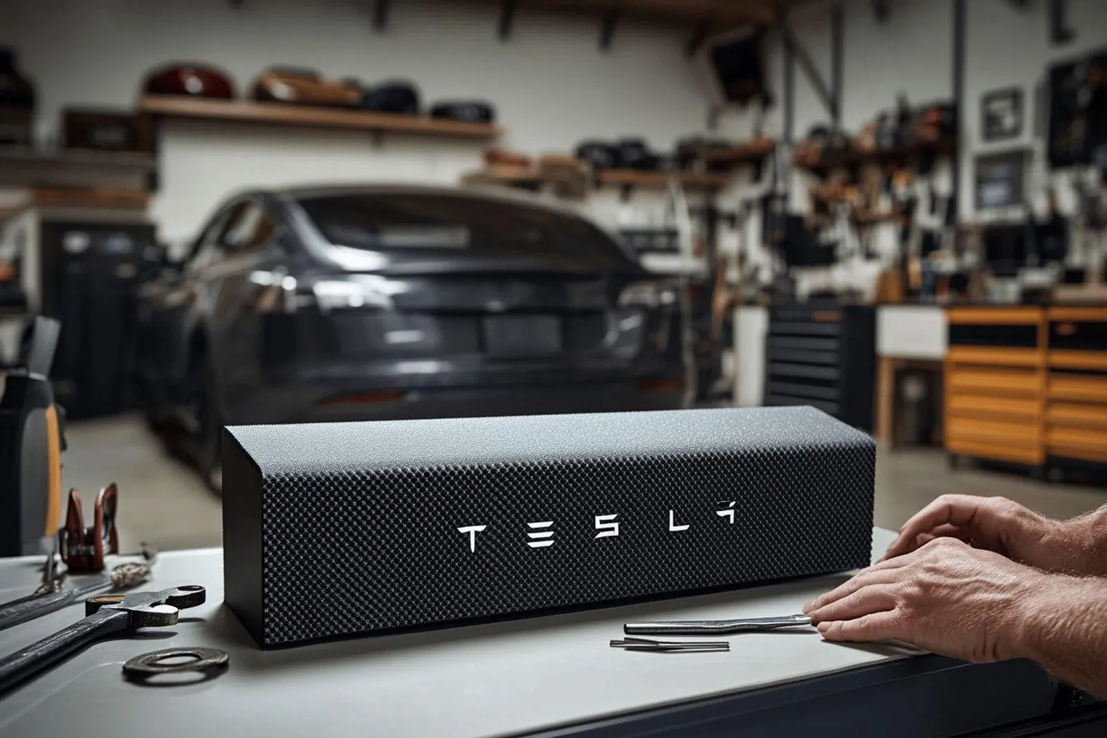 Un technicien pose un matériau d’isolation acoustique dans la porte d’une Tesla, dans un garage lumineux.
