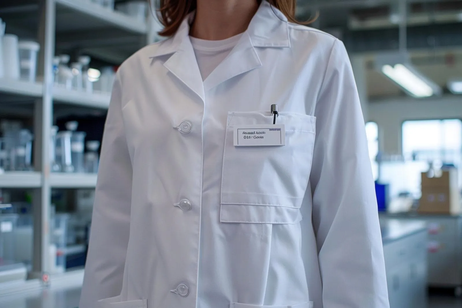 Une professionnelle portant une blouse de travail dans un environnement propre, illustrant l’hygiène et la protection au travail.