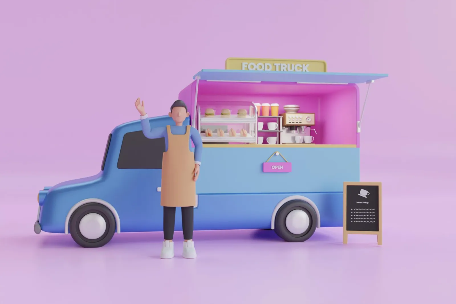 Un exploitant de foodtruck examine ses coûts et ses stocks à côté de son véhicule de cuisine mobile.