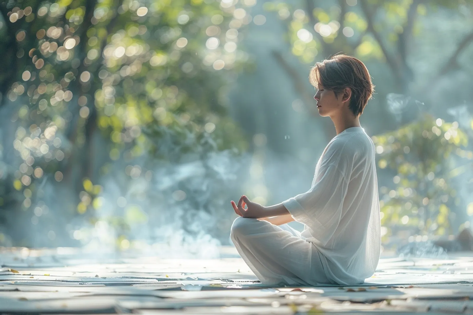 Une personne assise en méditation près d’une fenêtre lumineuse, dans une ambiance calme et épurée.