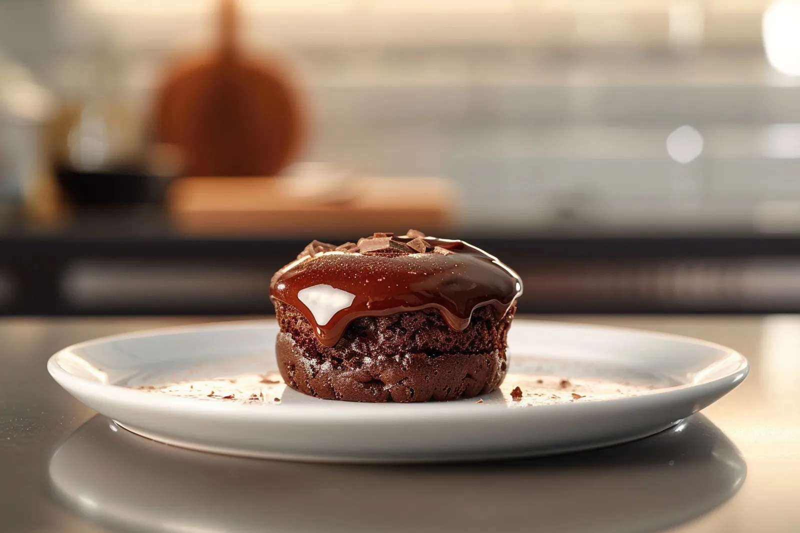 Un fondant au chocolat encore tiède dans un ramequin, avec le cœur coulant ouvert à la cuillère.