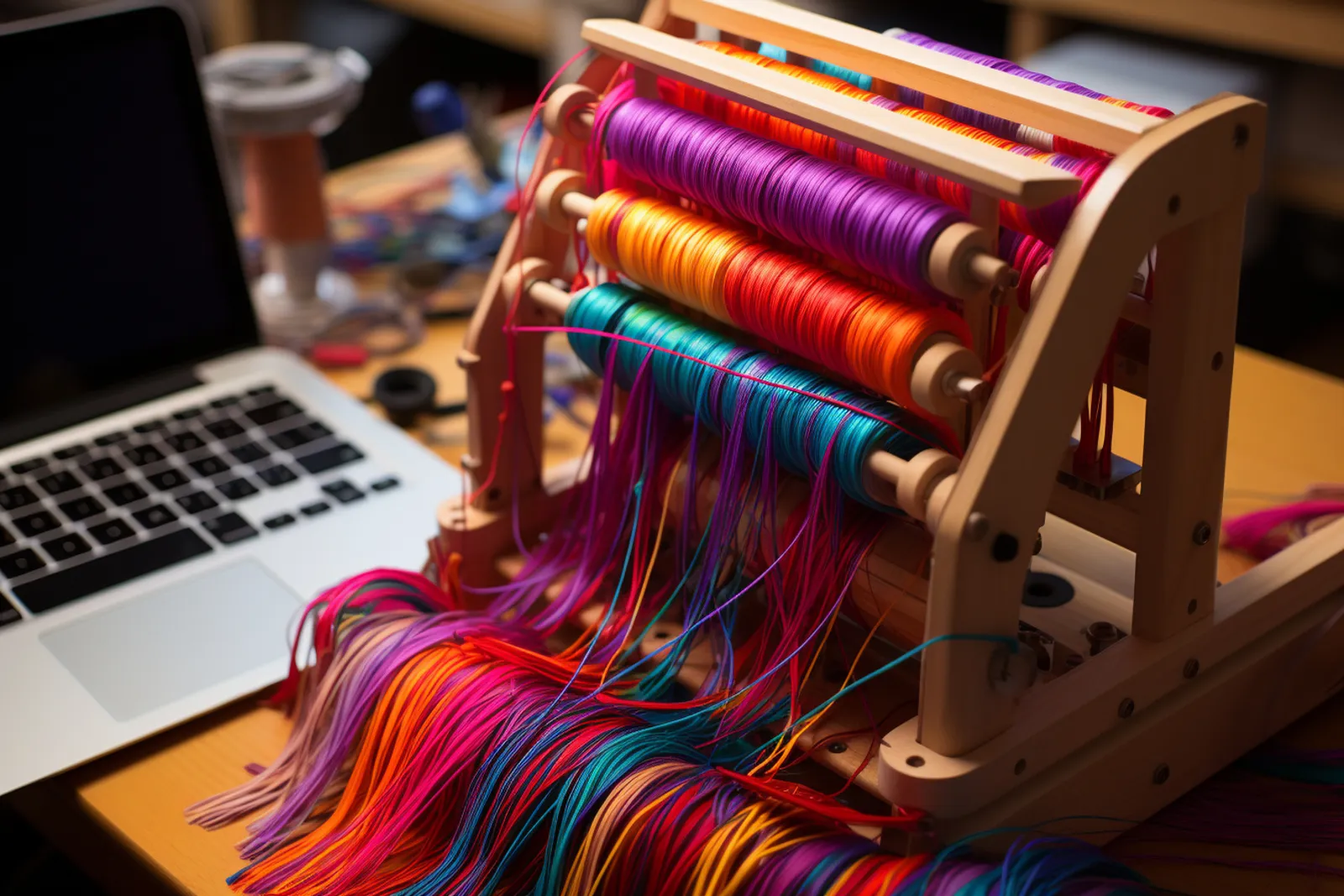 Un artisan dans son atelier, entouré d’outils traditionnels et d’un ordinateur, illustre la rencontre entre savoir-faire et modernité.