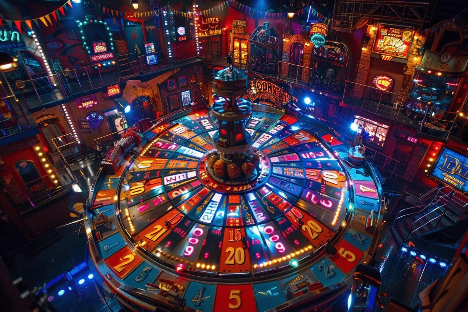 Une roue de la fortune dans un décor de jeu télévisé, avec un candidat concentré devant l’énigme.