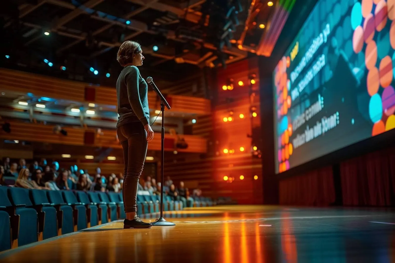 Une personne prend la parole devant un public attentif dans une salle de conférence moderne.