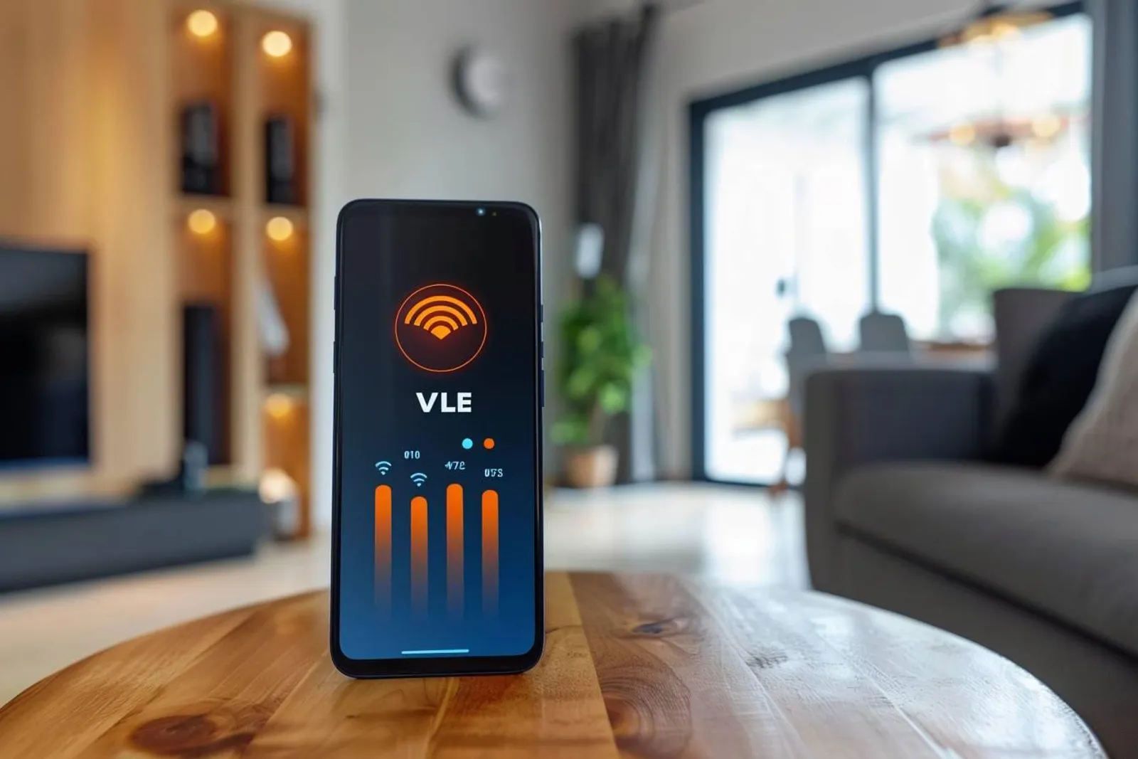 Une personne consulte son smartphone pendant un appel sur fond urbain, illustrant la VoLTE sur réseau 4G.