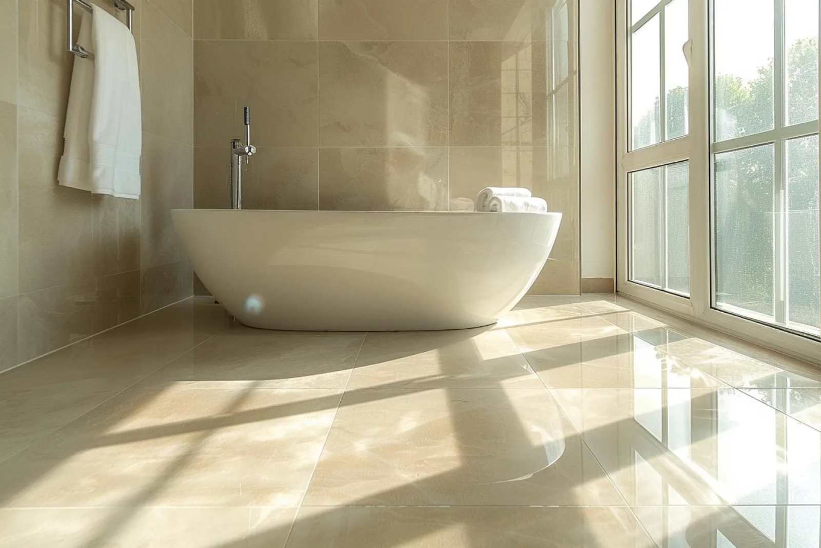 Un échantillon de grès cérame présenté dans un intérieur moderne lumineux, avec un sol carrelé en arrière-plan.