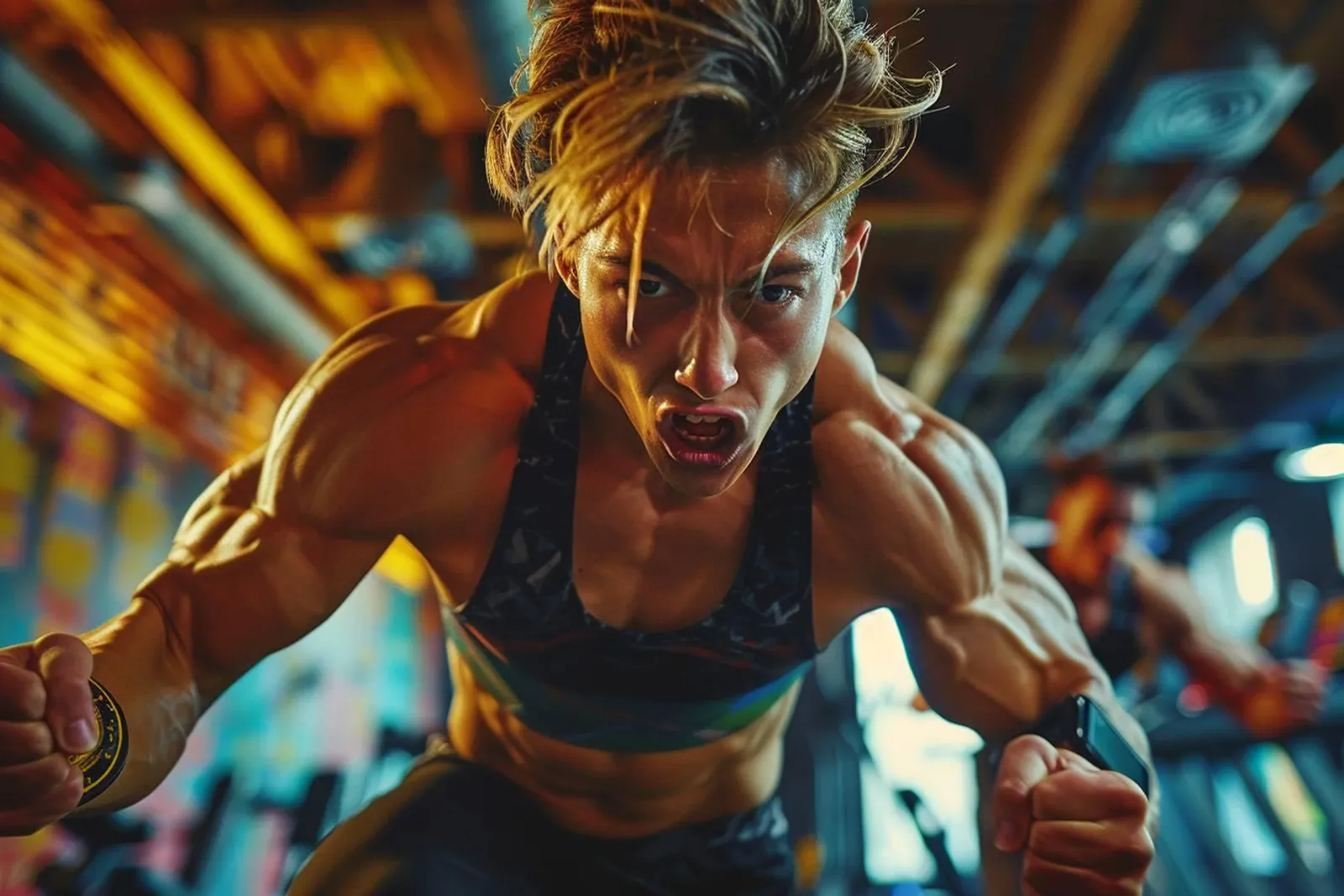 Un sportif termine un sprint en extérieur pendant une séance de HIIT, dans un parc urbain à la lumière du matin.