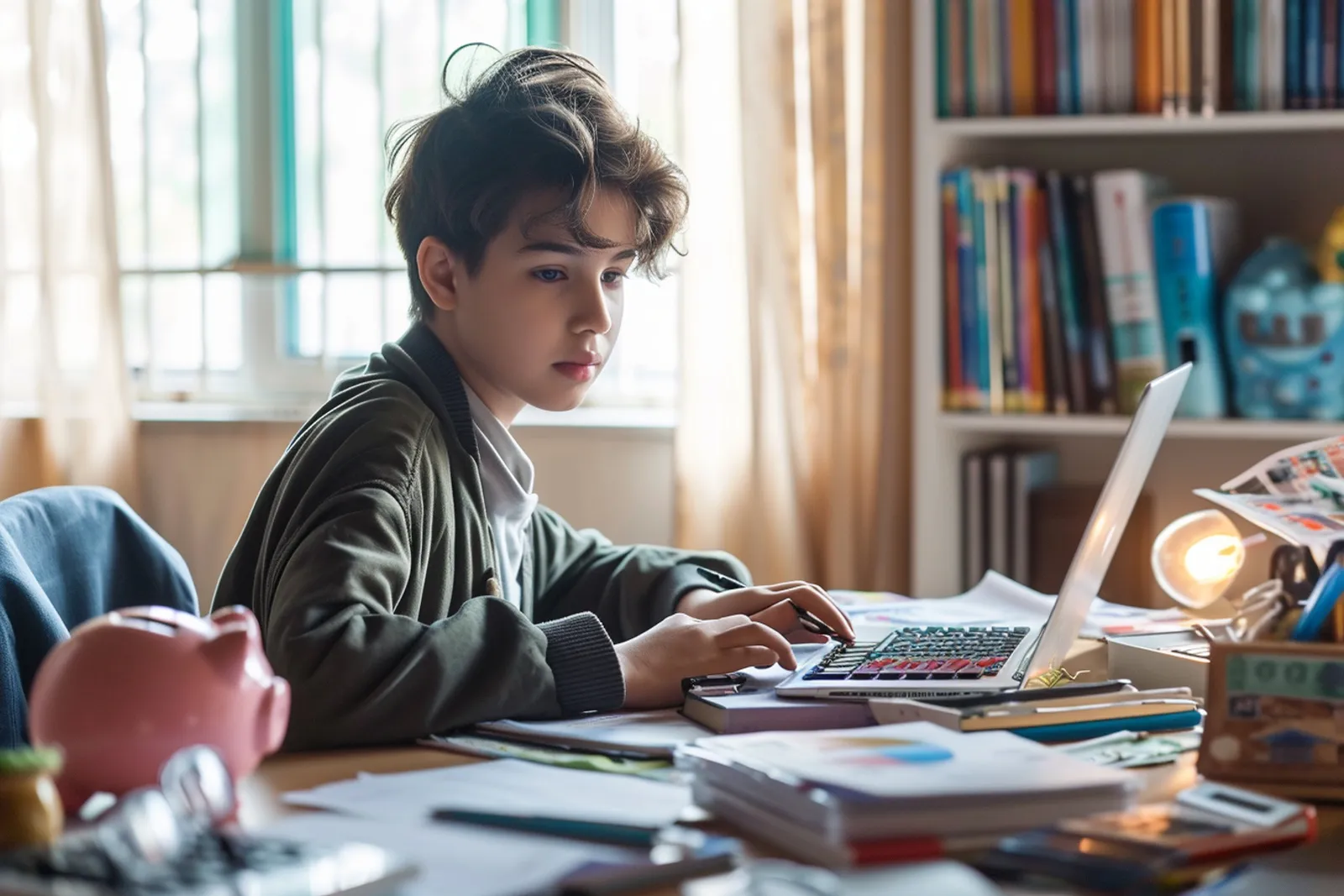 Un jeune adulte consulte un budget et des relevés bancaires sur une table, avec un ordinateur portable et un carnet ouverts.