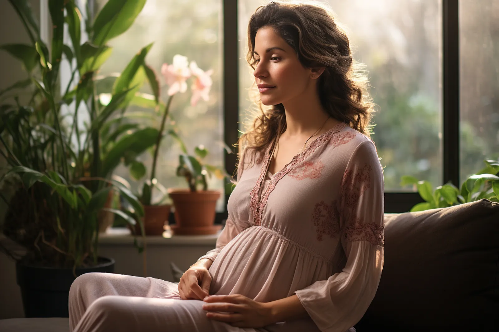 Une femme enceinte de plus de 35 ans pratique le yoga prénatal dans un studio lumineux avec un encadrement rassurant.