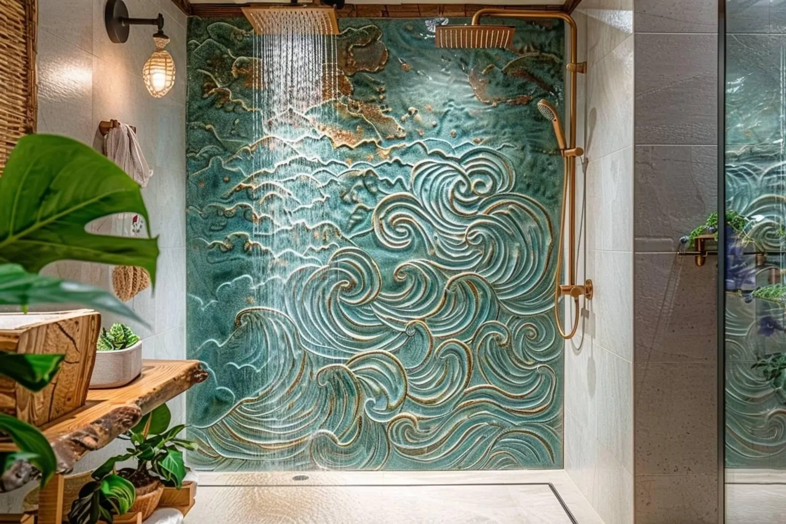 Une salle de bain moderne avec un mur en céramique en relief, lumineux et sobre, adapté à un environnement humide.