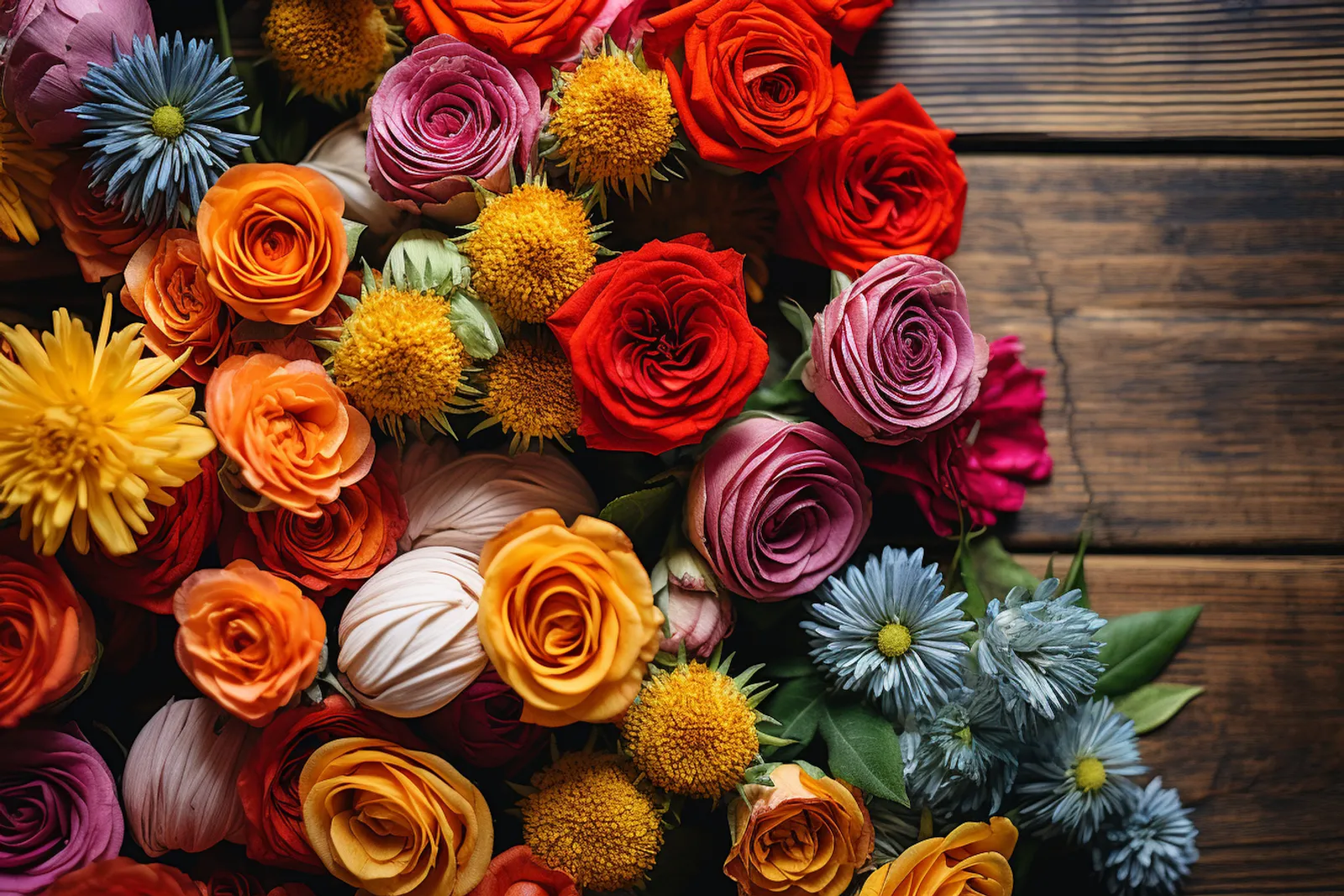 Une personne assemble une couronne de fleurs fraîches sur une table en bois avec des outils de bricolage floral.