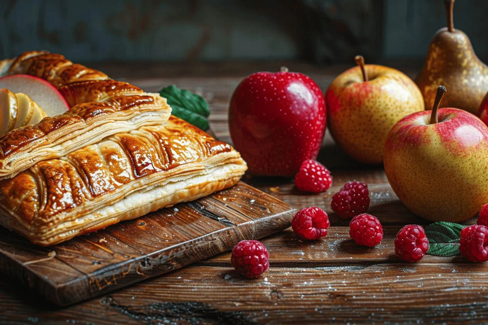 Une table de desserts bretons avec pommes, pruneaux, raisins secs, crêpes et gâteau breton, éclairée naturellement.