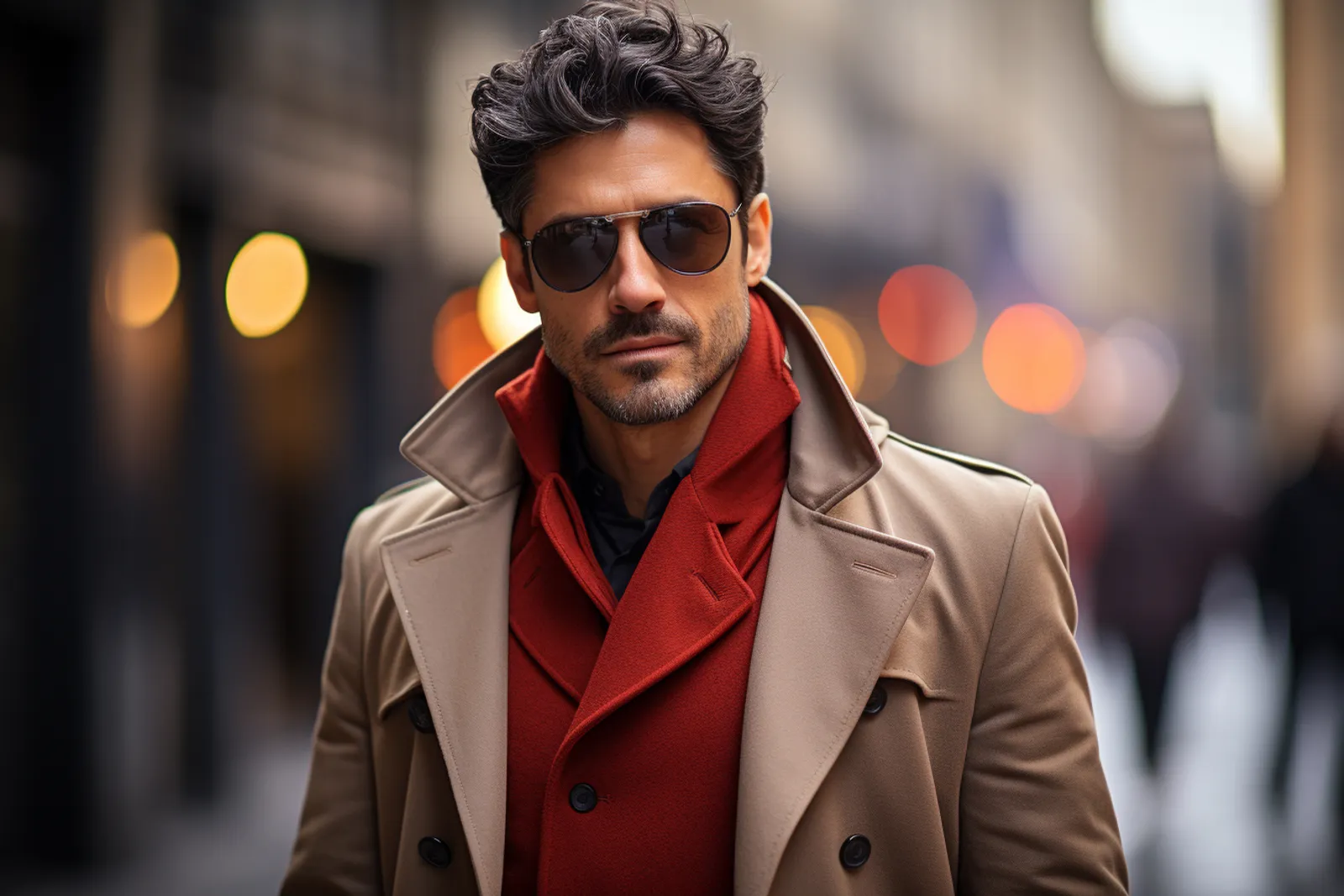 Un homme porte une veste élégante de style Ralph Lauren dans un décor urbain, avec une allure sobre et soignée.