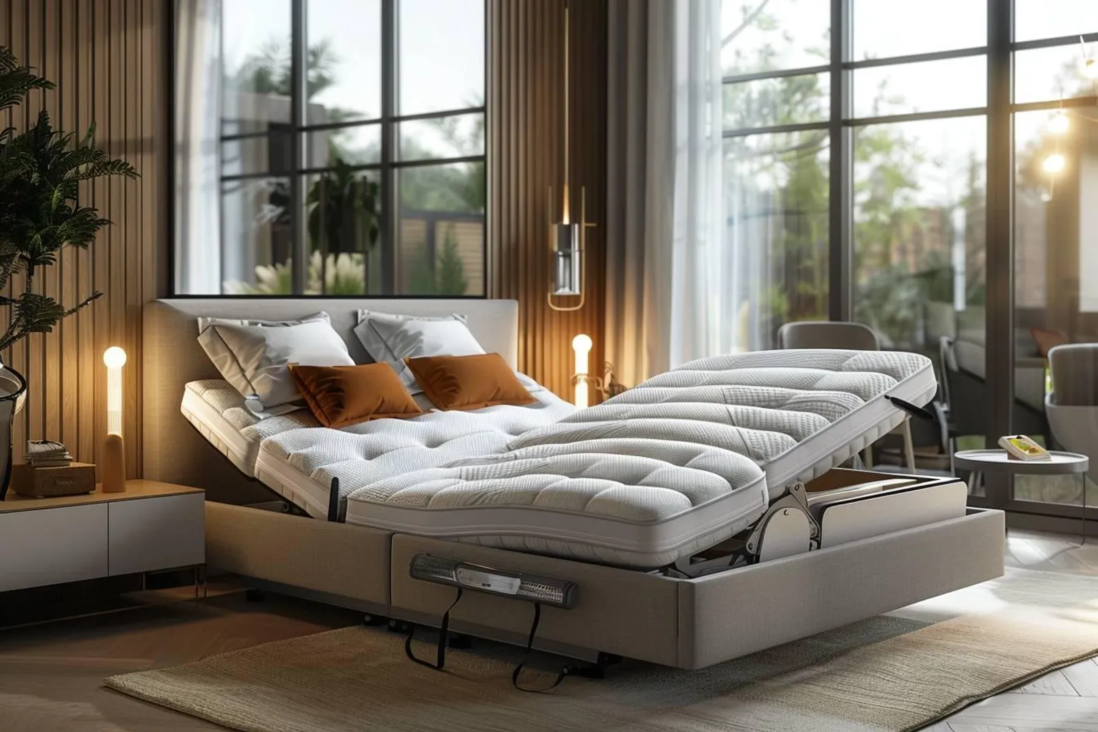 Un lit électrique réglable dans une chambre lumineuse, avec une personne installée confortablement pour lire.