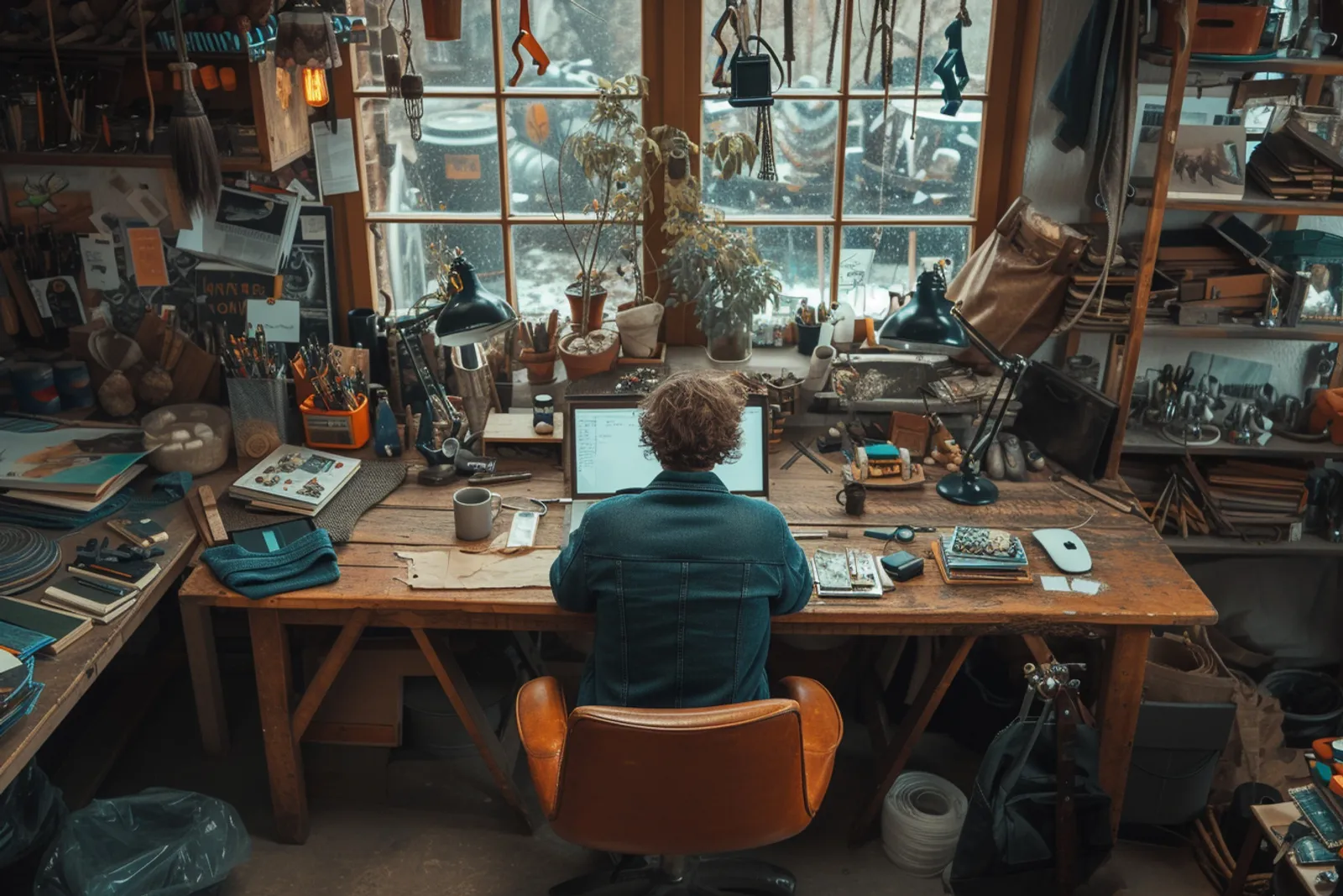 Un artisan prépare ses produits faits main à côté d’un ordinateur, avec emballages et matériel de prise de vue dans un atelier lumineux.