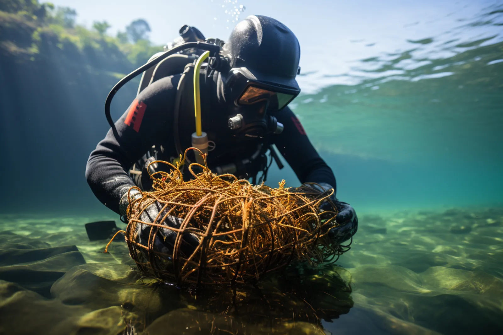 Un artisan tisse un panier en fibres naturelles au bord de l’eau, avec des matériaux de vannerie étalés autour de lui.