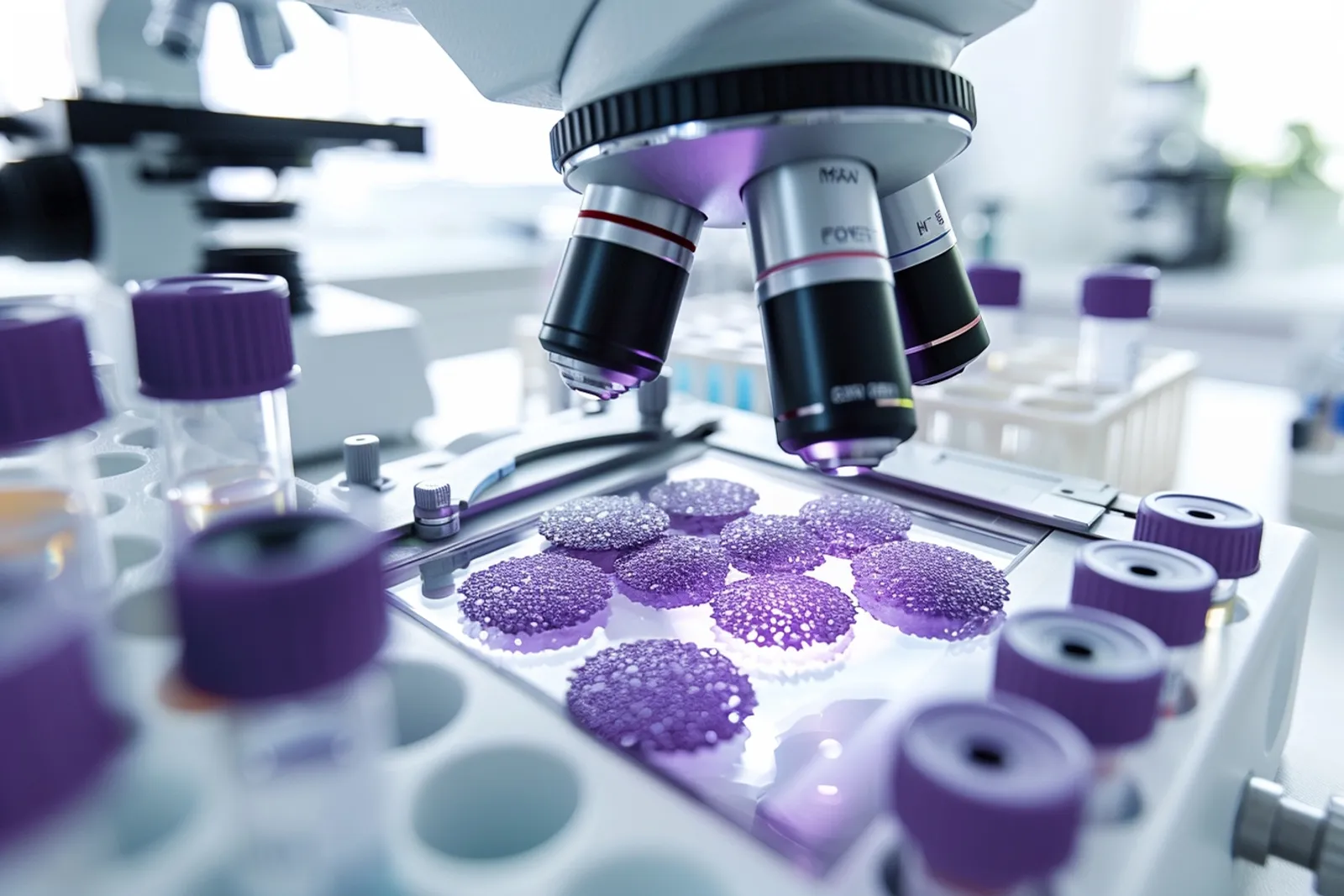 Un professionnel de santé examine une prise de sang dans un cabinet lumineux, avec du matériel de laboratoire visible.