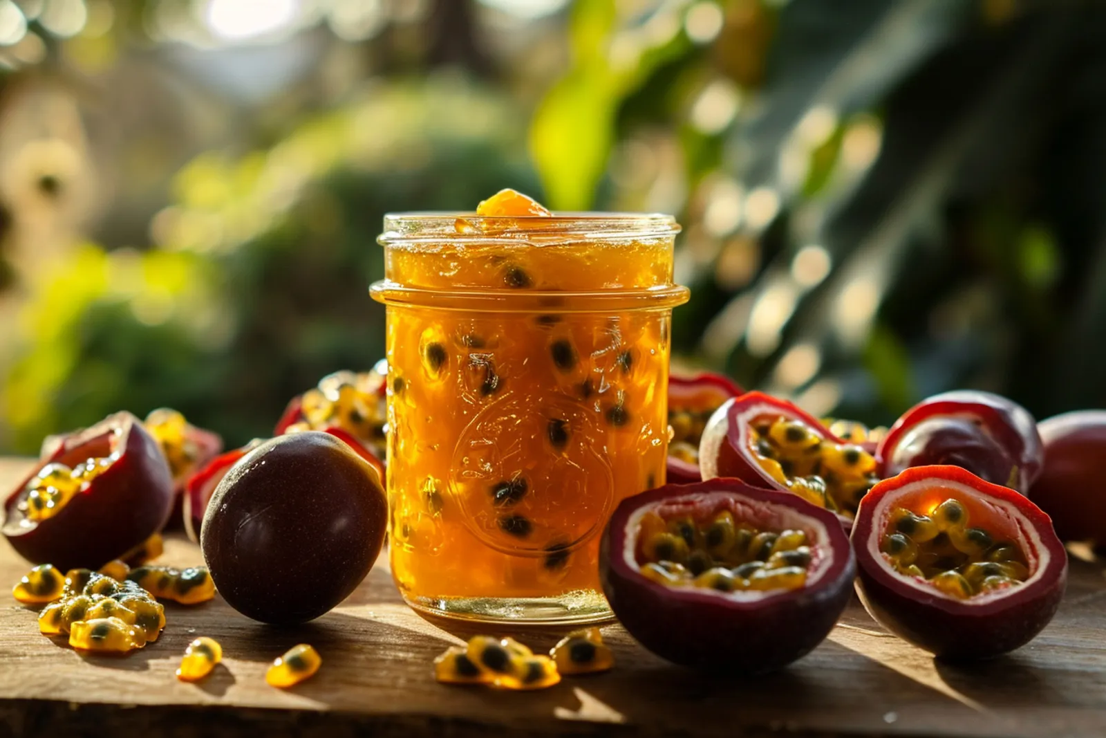 Un pot de confiture de fruit de la passion et mangue posé sur une table de cuisine, avec des fruits frais autour.