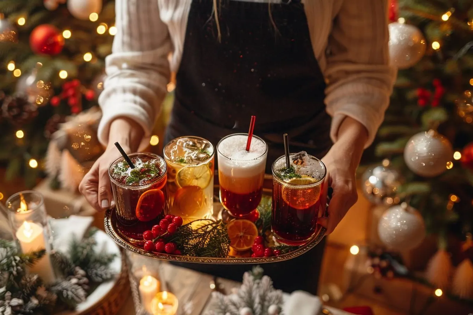 Un traiteur prépare des boissons pour un repas de Noël sur une table festive élégamment dressée.