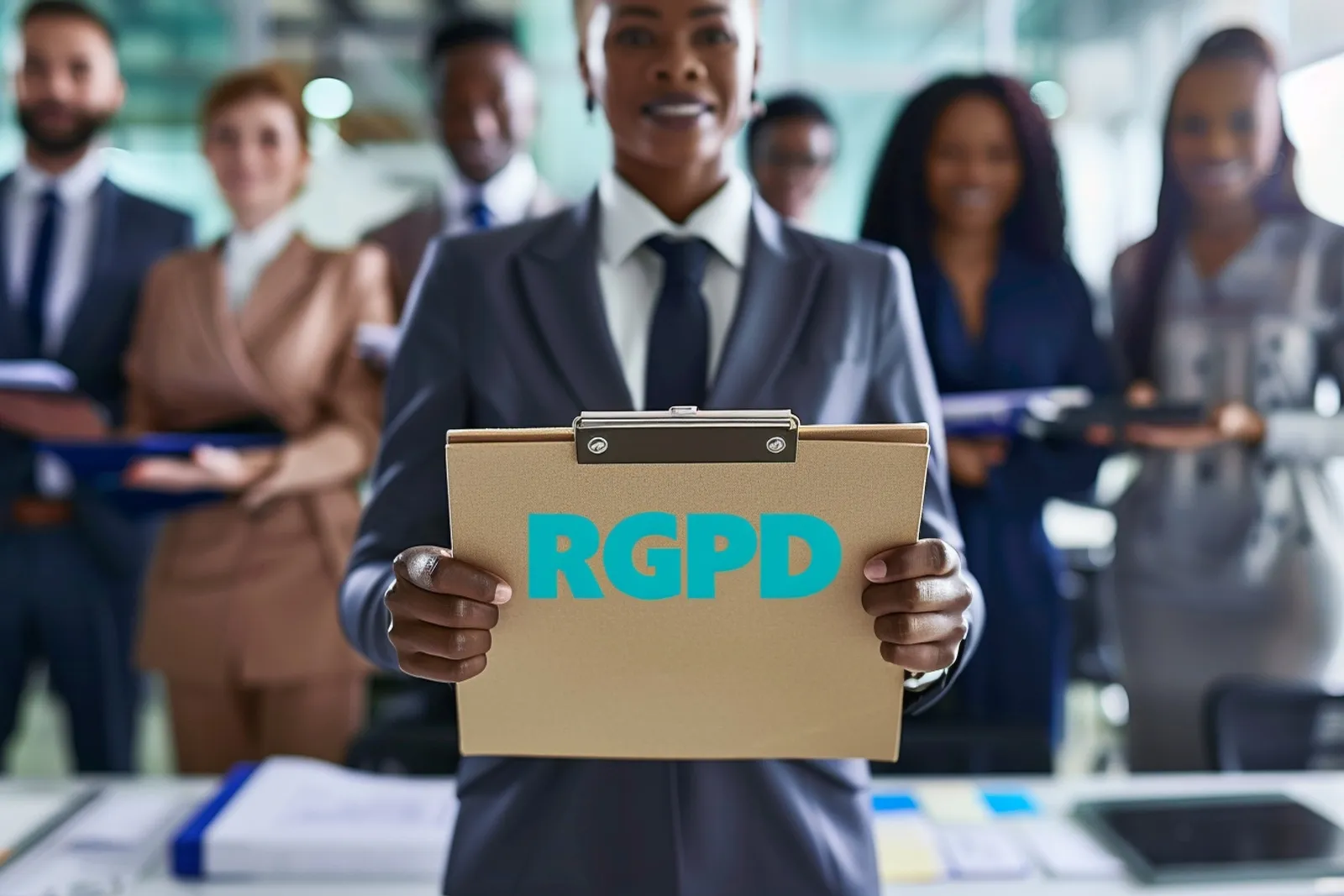 Une dirigeante de PME consulte des documents de conformité RGPD devant son ordinateur dans un bureau lumineux.