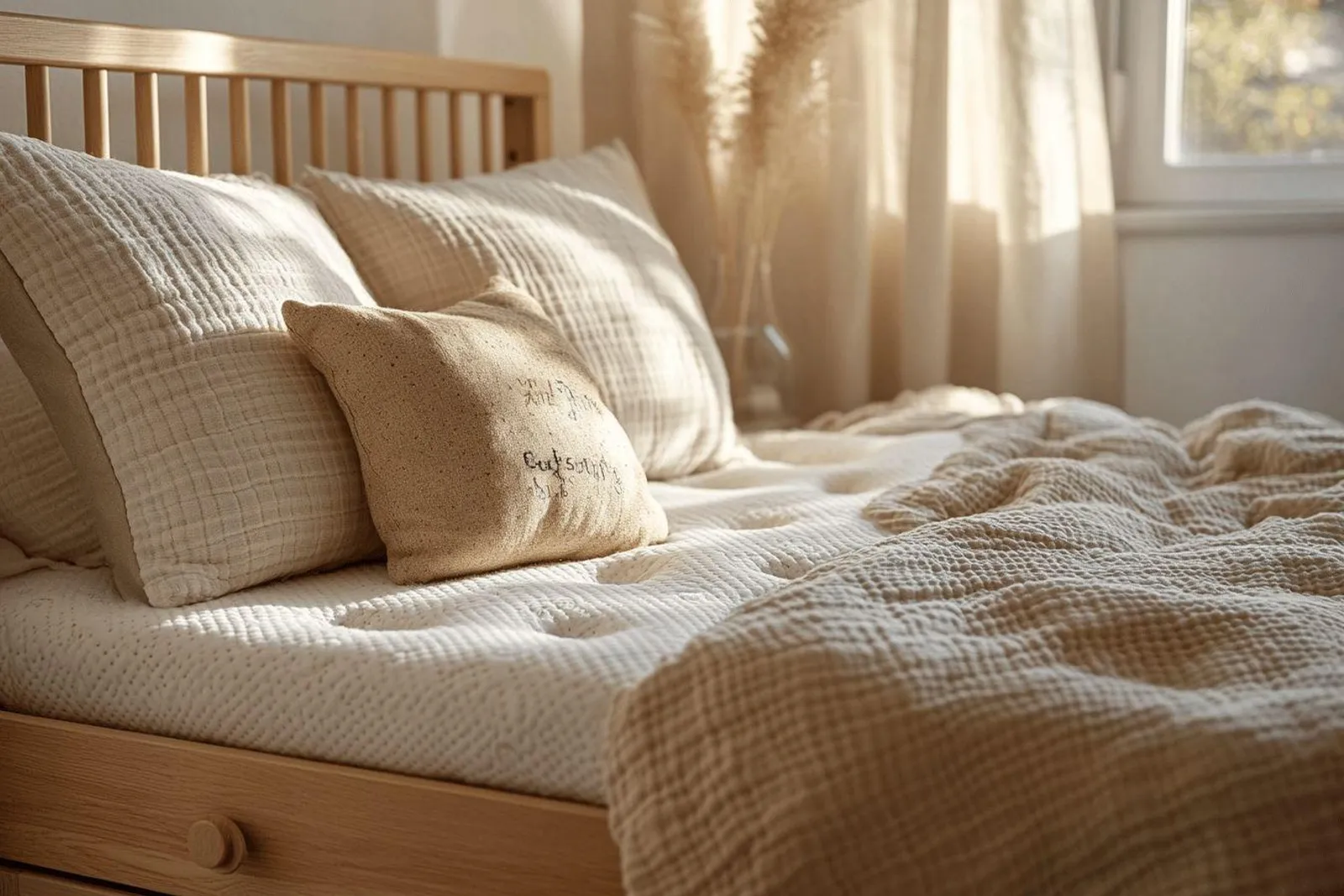 Une chambre de bébé lumineuse avec un lit cabane en bois à tiroirs et un matelas naturel aux tons neutres.