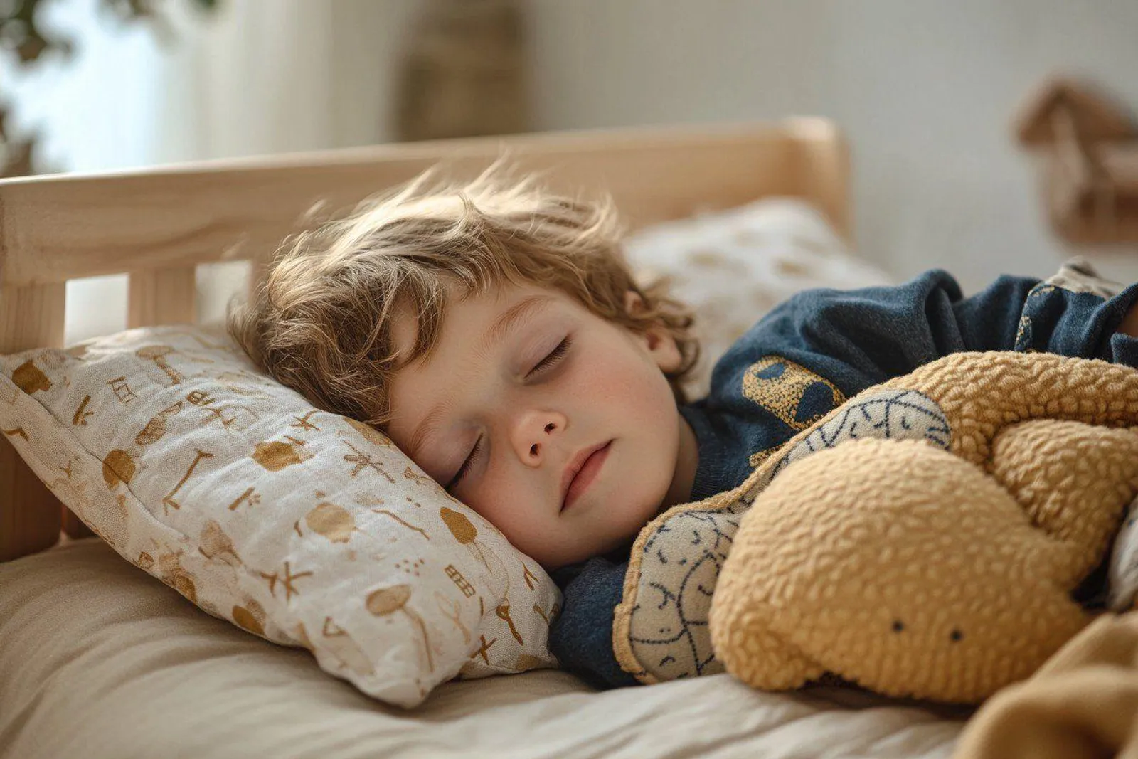 Une chambre d’enfant lumineuse avec un lit Montessori bas et un parent à proximité, dans une ambiance douce et sécurisée.