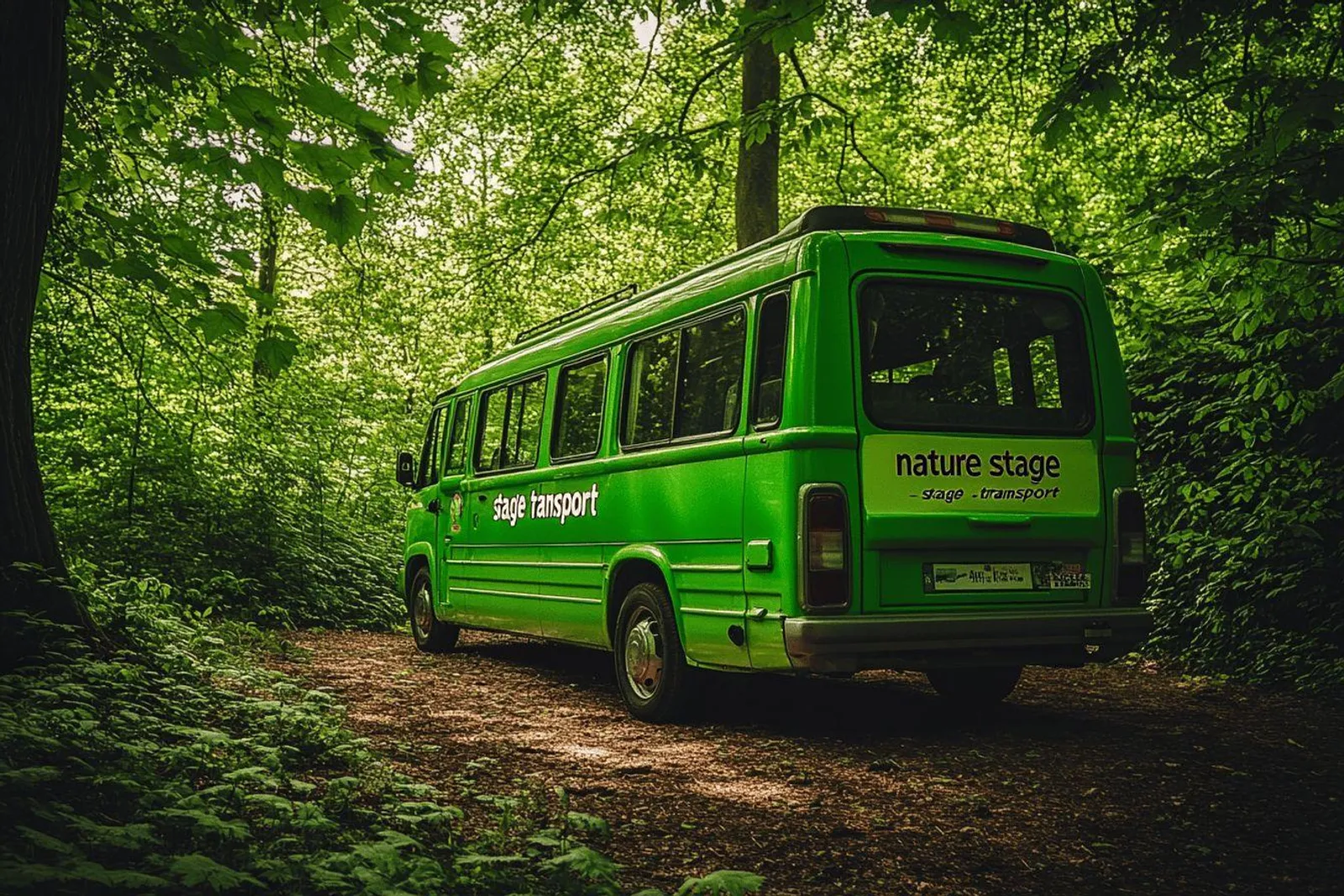 Un petit groupe charge ses sacs dans un minibus stationné au bord d’un chemin forestier avant un stage nature.