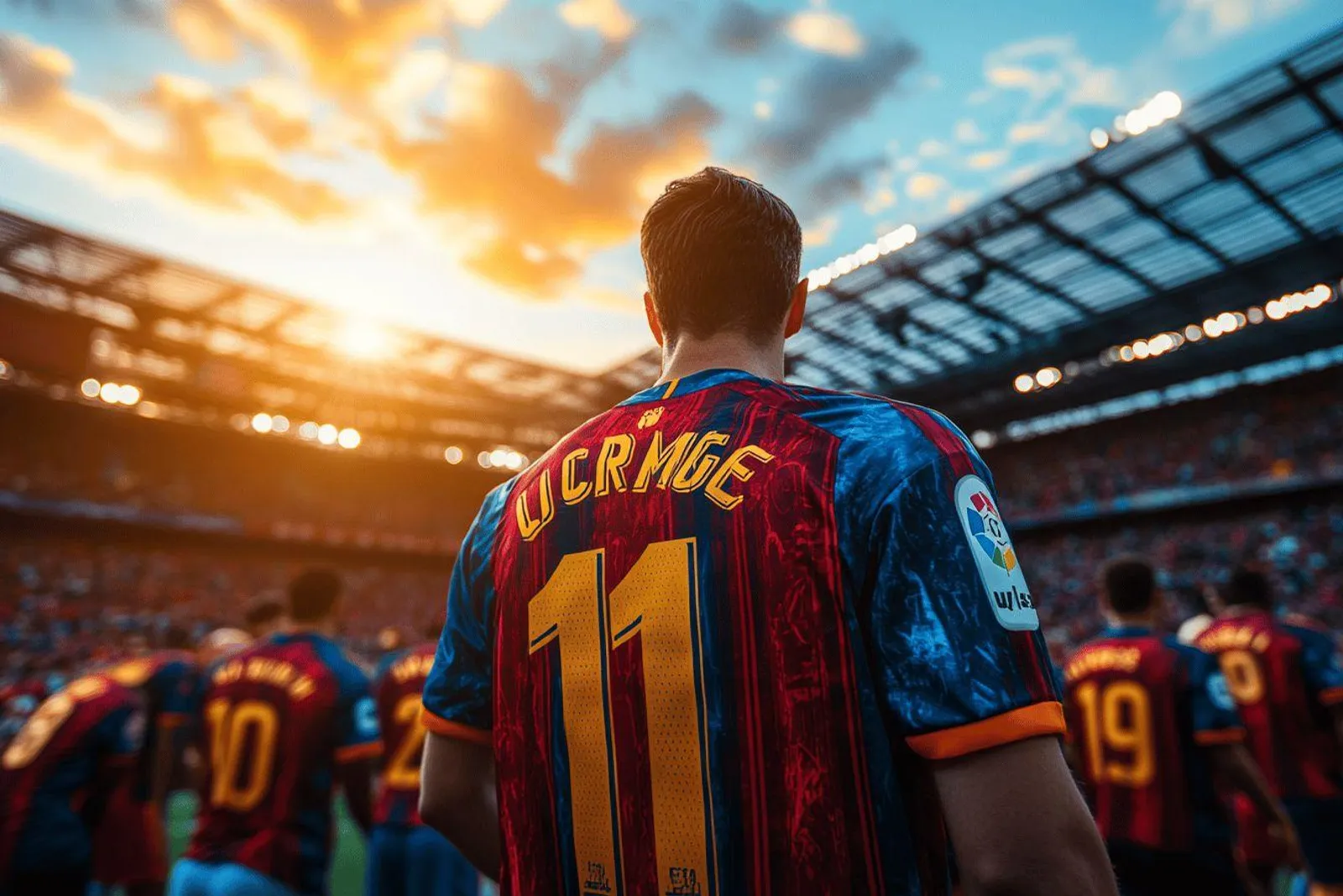 Un supporter tient fièrement un maillot de foot devant un stade, dans une scène urbaine réaliste et lumineuse.