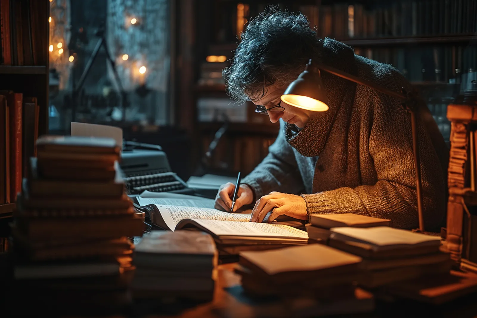 Un scénariste relit un script annoté sur un bureau, entouré de notes et de pages imprimées, dans une ambiance de travail créatif.
