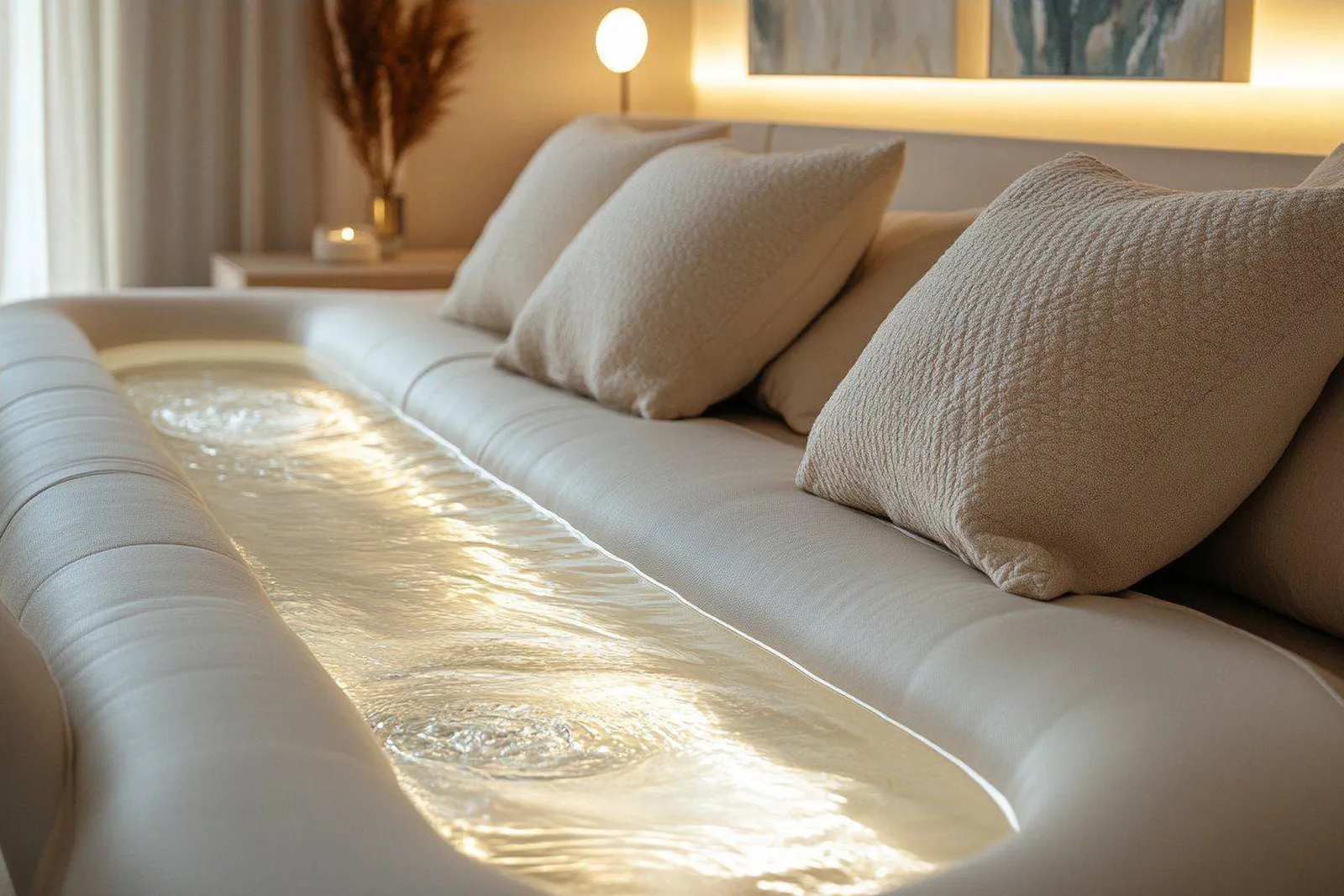 Un matelas à eau premium dans une chambre moderne baignée de lumière naturelle, avec une ambiance calme et élégante.