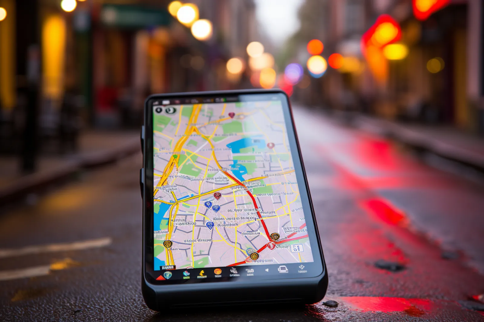 Une personne consulte un GPS sur smartphone dans une voiture, avec l’itinéraire affiché et la route en arrière-plan.