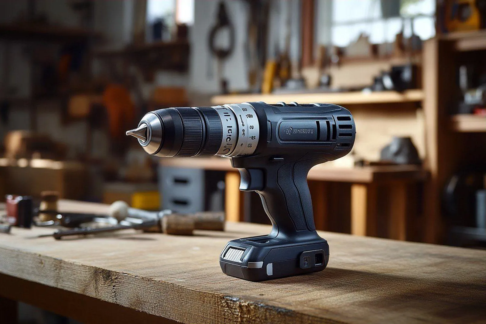 Une mini perceuse professionnelle utilisée sur un établi de bricolage fin, avec des accessoires de précision à proximité.