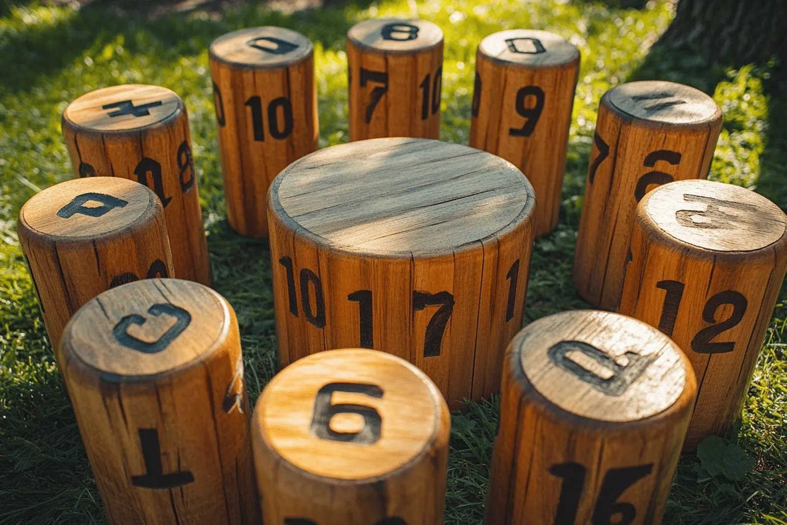 Un set de Mölkky en bois massif posé sur l’herbe dans un jardin, avec les quilles alignées et un joueur prêt à lancer.
