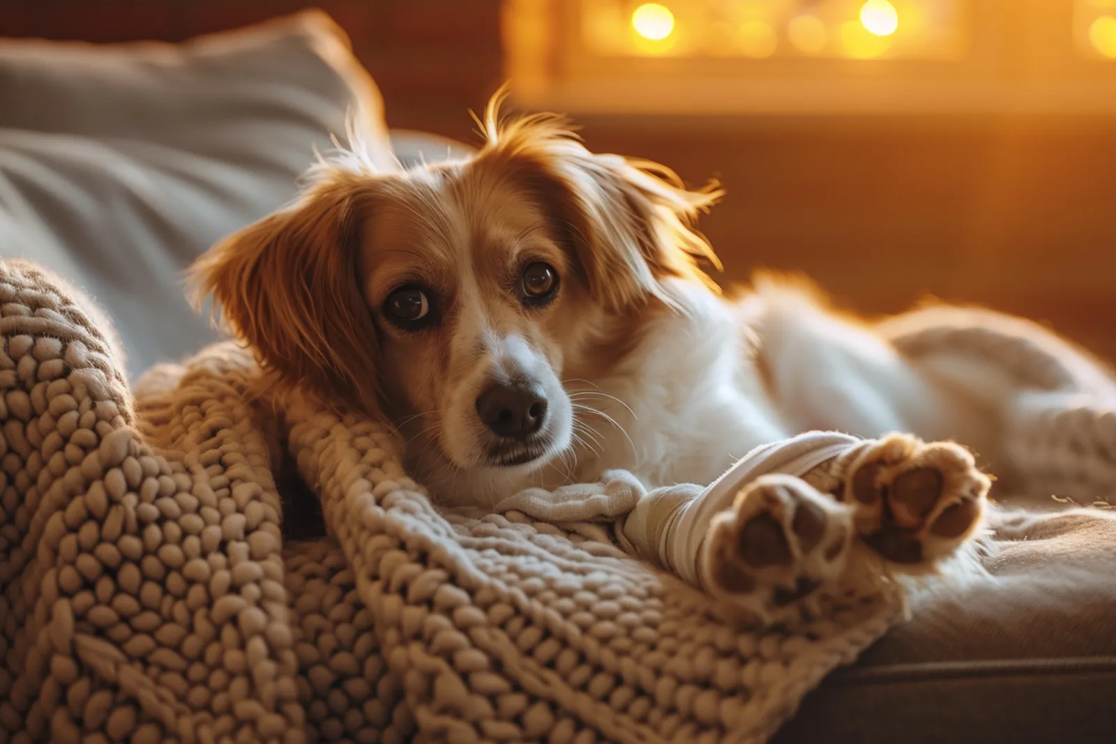 Un chien boitillant est examiné avec douceur par son propriétaire à la maison, près d’une fenêtre lumineuse.