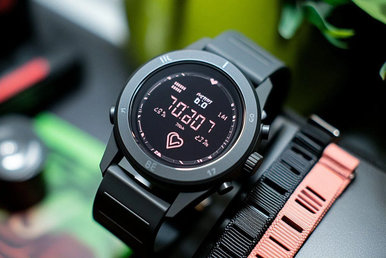 Une personne change le bracelet d’une montre connectée sur une table, avec plusieurs bracelets interchangeables à côté.