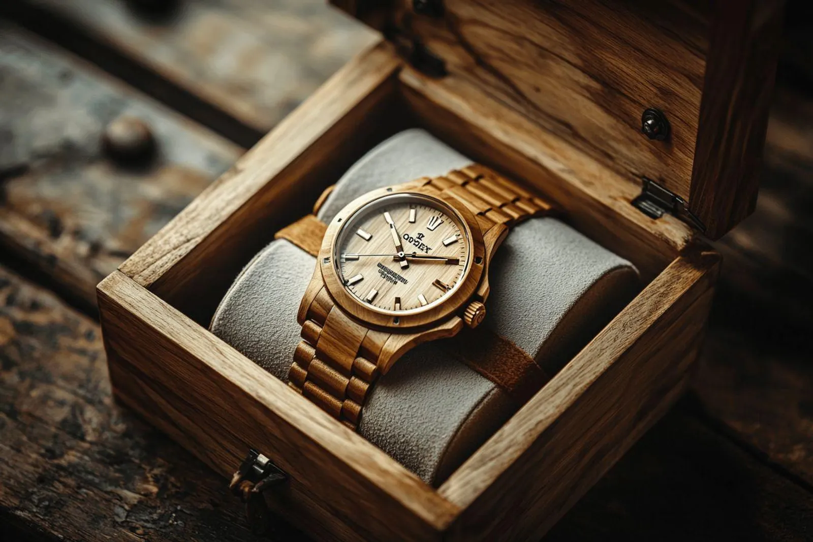 Une montre en bois posée dans un coffret de présentation élégant, sur une surface claire et lumineuse.