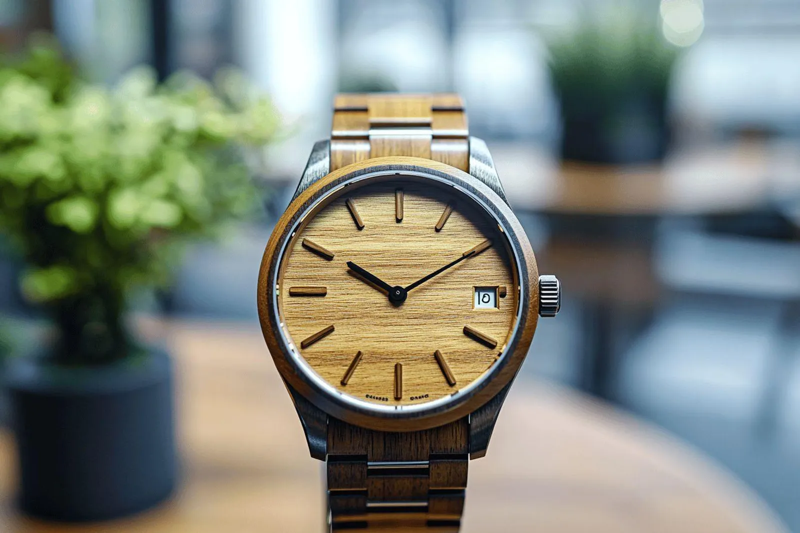 Une montre en bois élégamment présentée dans un coffret cadeau, posée sur un bureau sobre avec une lumière naturelle douce.