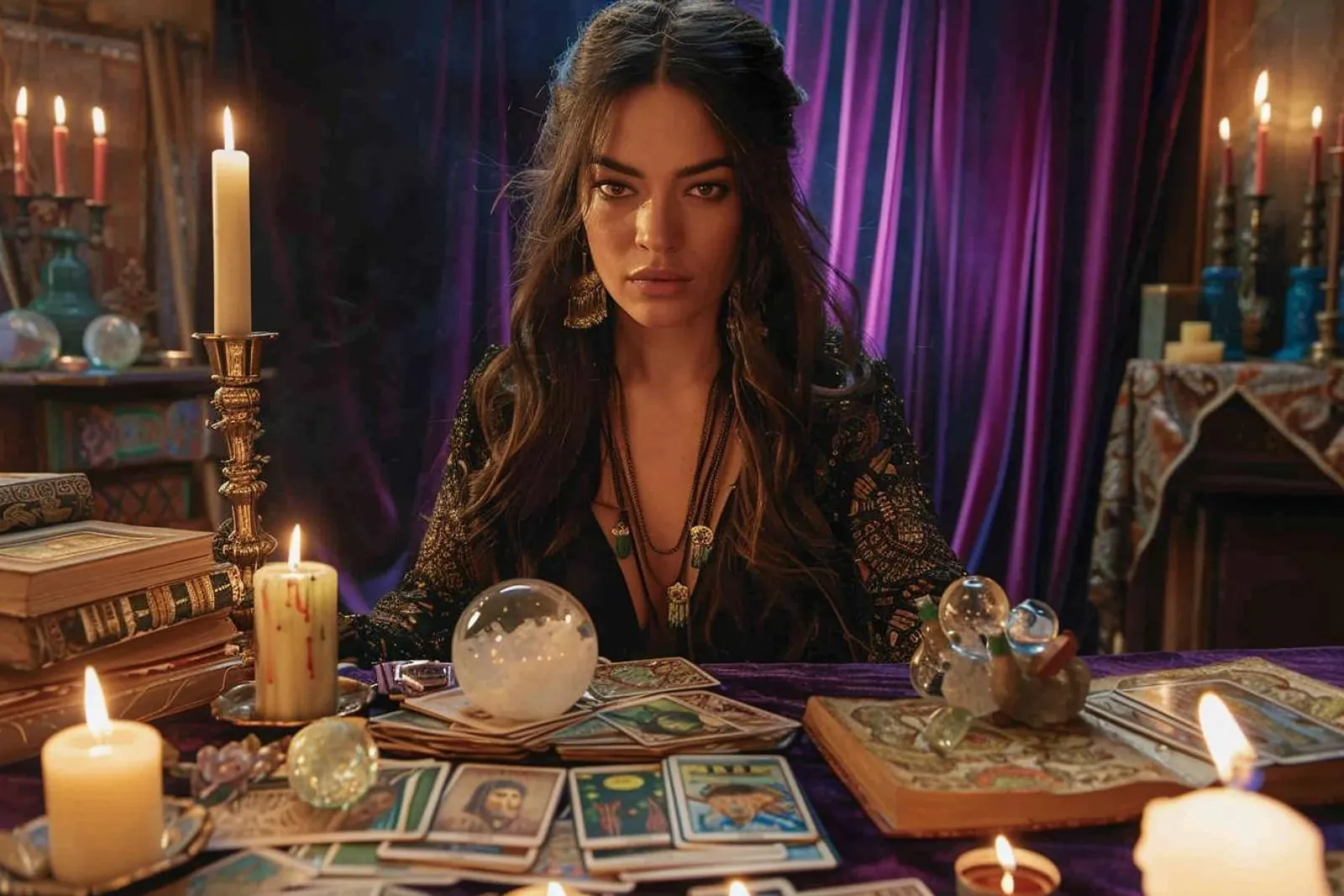 Une consultation de voyance en cabinet à Nîmes, avec un tirage de tarot sur une table et deux personnes en échange calme.