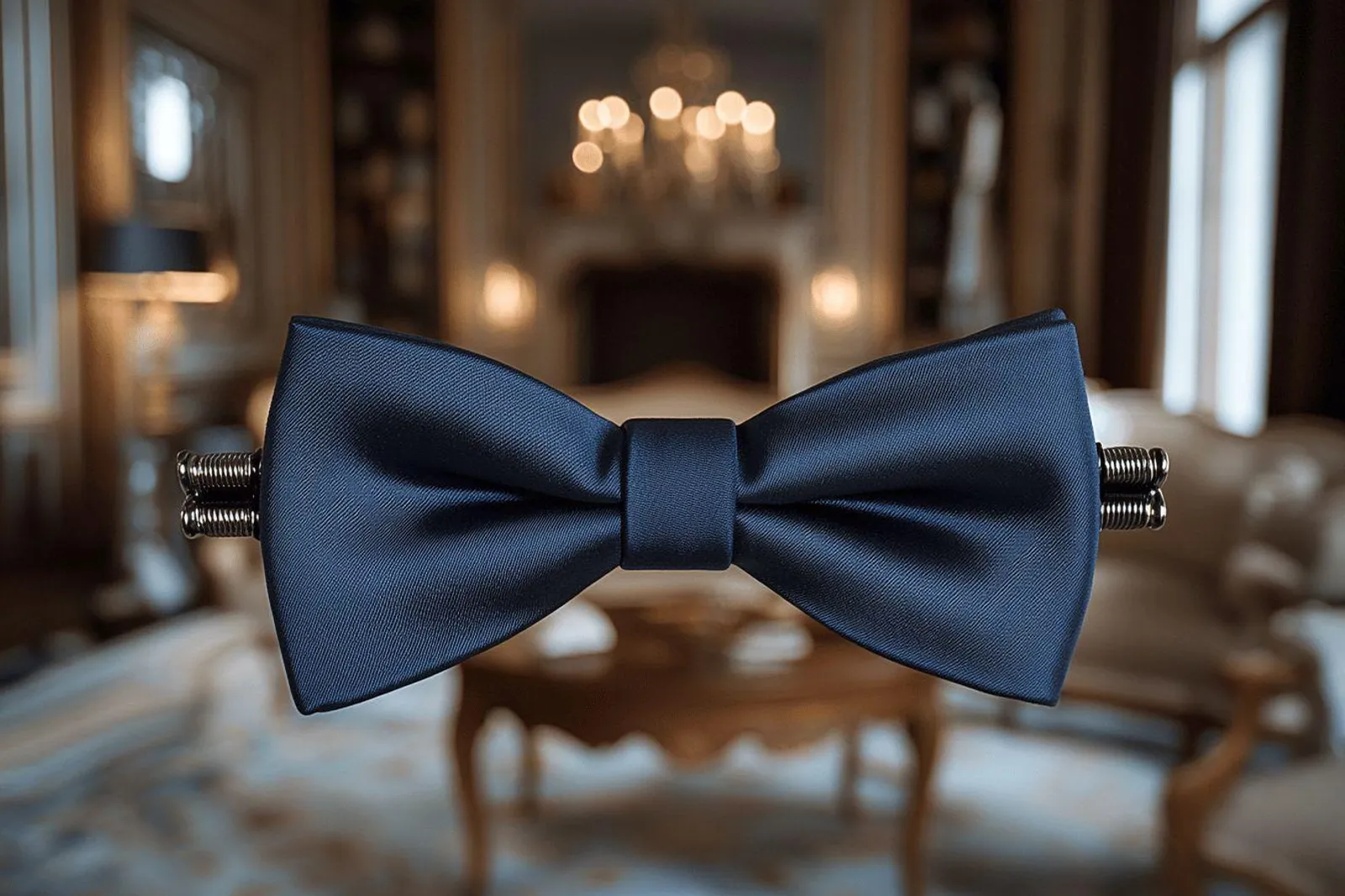 Un homme ajuste un nœud papillon à attache réglable devant un miroir, dans une ambiance élégante et naturelle.