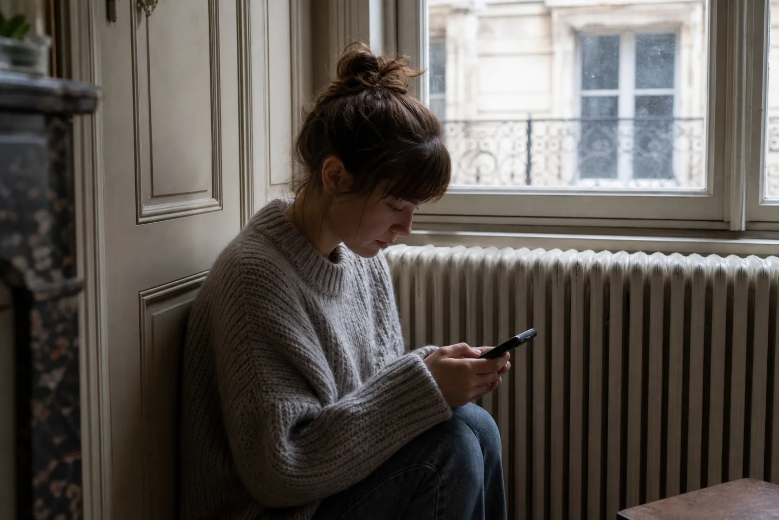 Locataire emmitouflé dans un pull consultant son téléphone près d'un radiateur froid dans un appartement en hiver.