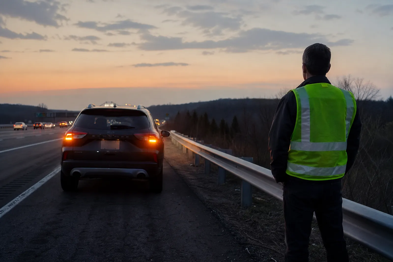 Voiture arrêtée sur la bande d'arrêt d'urgence d'une autoroute, feux de détresse allumés, en fin de journée.