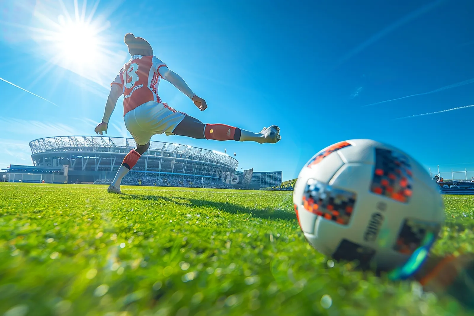 Des adolescents en stage de football en Angleterre, encadrés sur un terrain vert devant un bâtiment scolaire britannique.