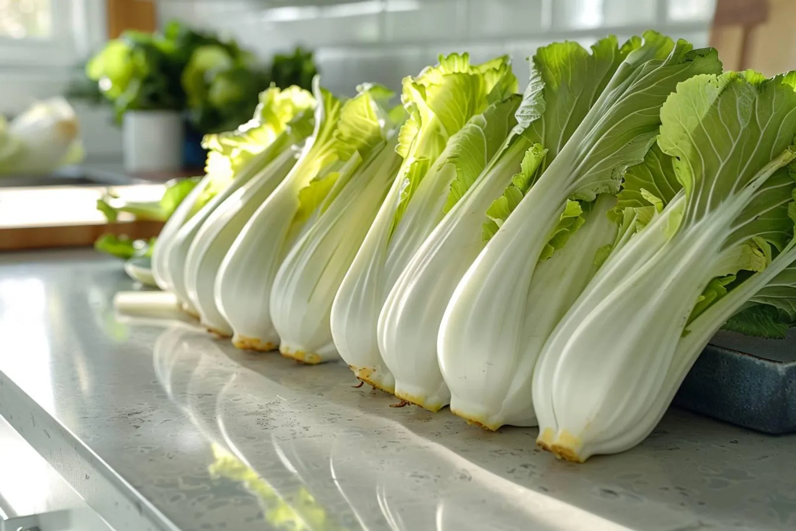 Des endives fraîches sur un plan de travail de cuisine, avec un contenant de congélation à côté.